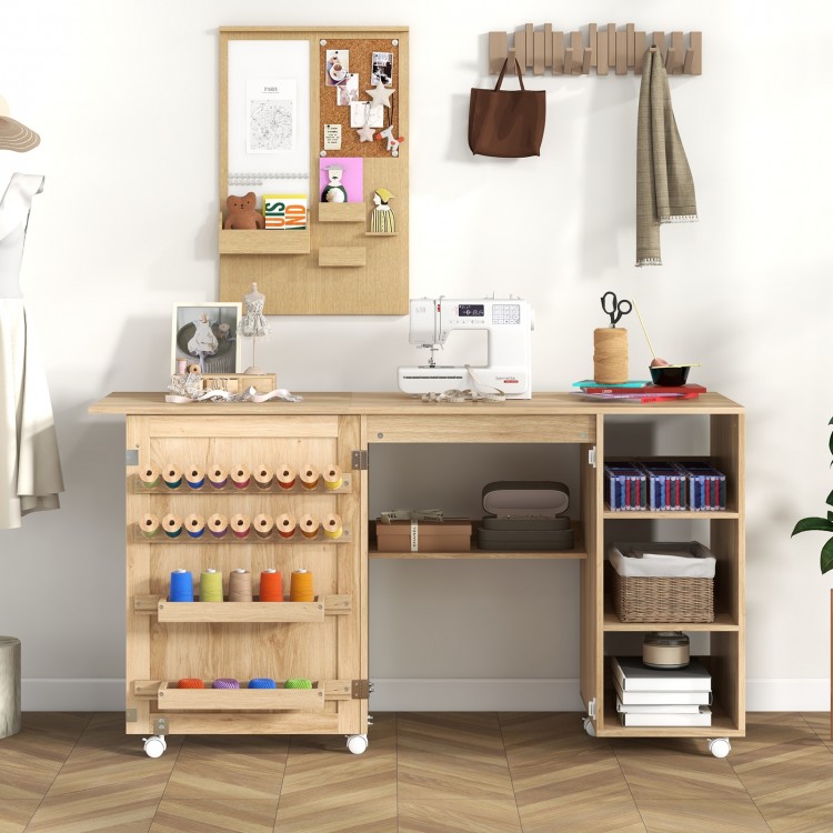 Multipurpose Folding Sewing Table Craft Station with Rattan Door