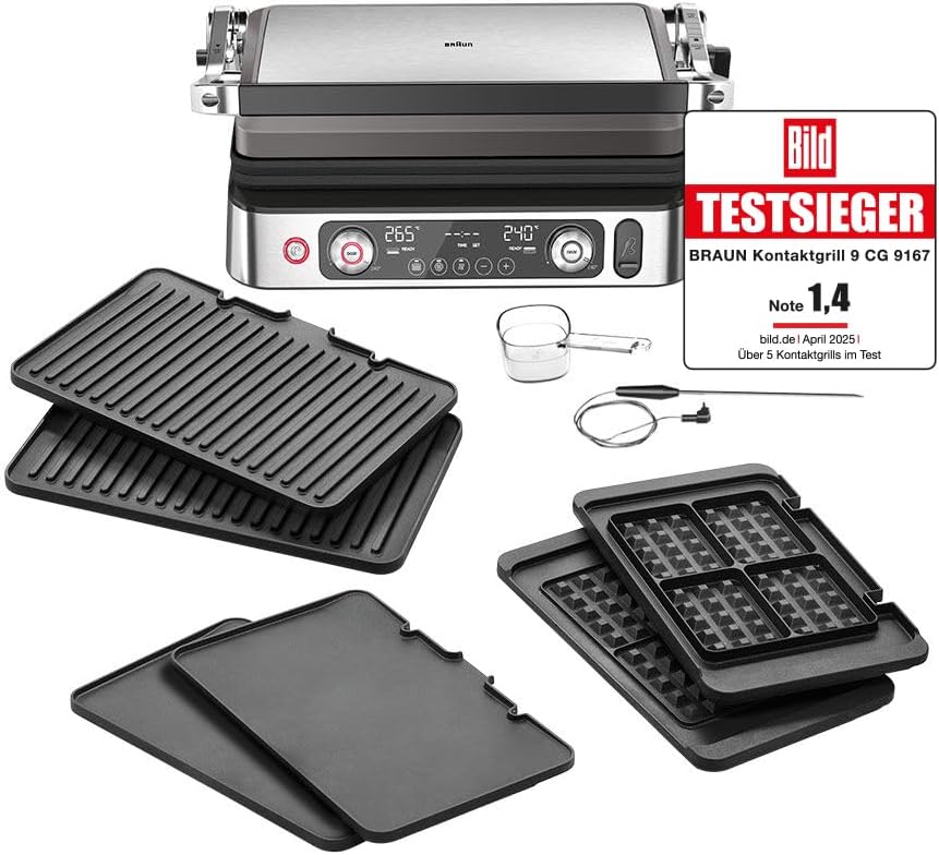 Braun MultiGrill 9 Pro CG 9167, kontaktgrill med grill, flad, vaffelplader og temperatursensor, grillpositioner: kontakt, grill, ovn, tåler opvaskemaskine og boost-funktion op til 265°
