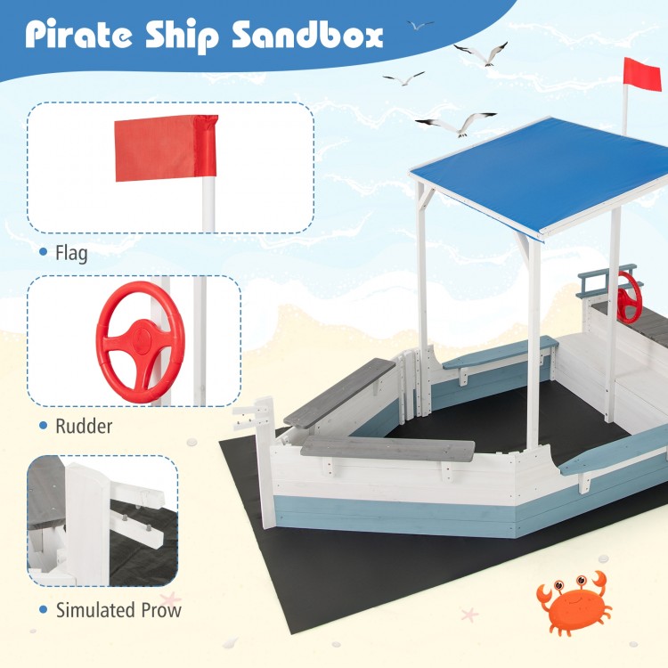 Pirate Ship Sandbox with Canopy with Bench Seats and Bottom Liner