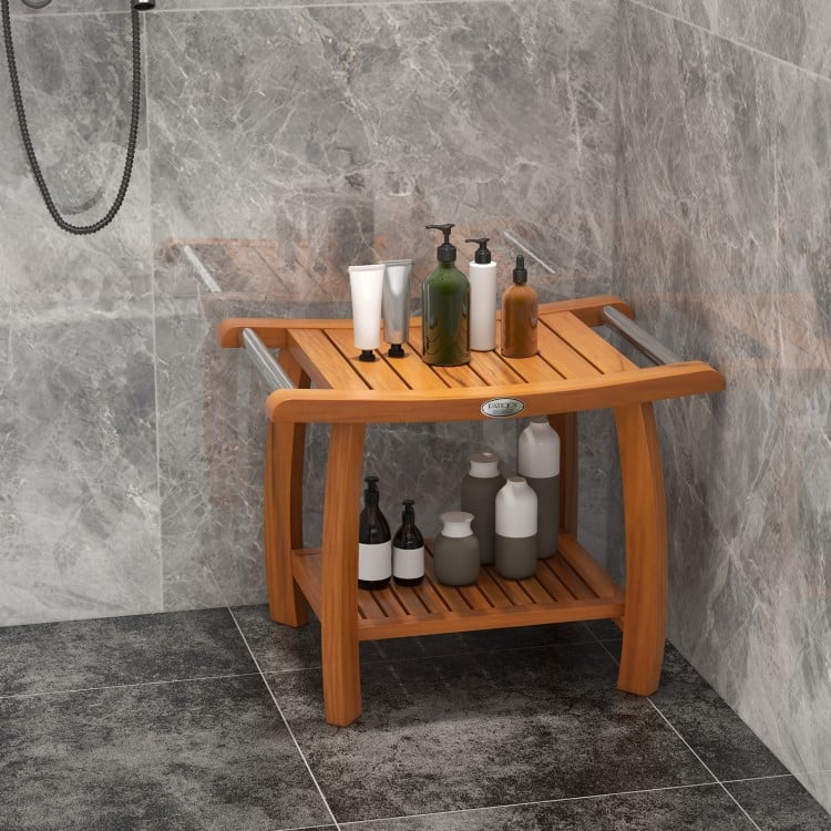 2-Tier Teak Wood Shower Bench Shower Stool with Curved Seat and Handles