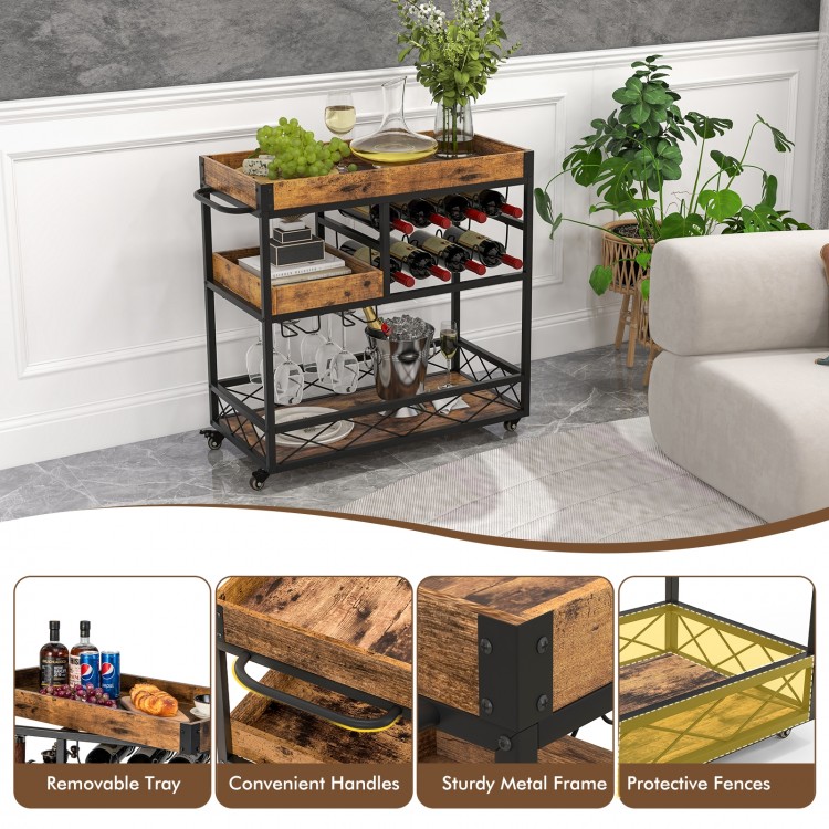 3-Tier Rolling Bar Cart with Removable Tray and Wine Rack