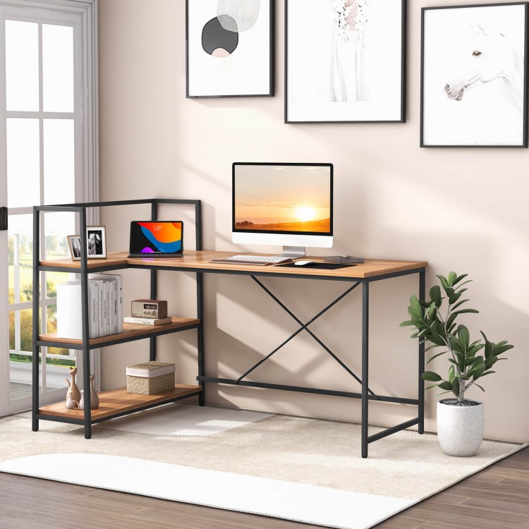Reversible L-Shaped Computer Corner Workstation with 3-Tier Open Shelf