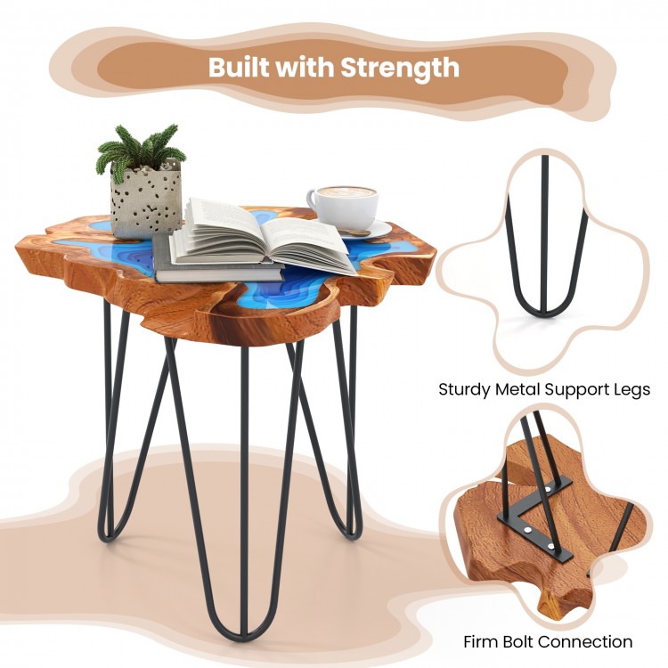 21 Inch Outdoor Epoxy Resin Teak Wood End Table with Irregular Tabletop