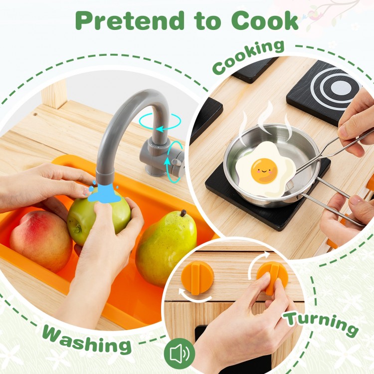 Mud Kitchen Fir Wood Play Kitchen with Canopy and Sink and 4 Stoves