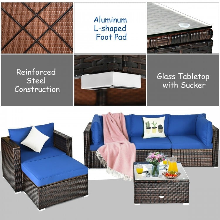 6 Pieces Patio Rattan Furniture Set with Cushion
