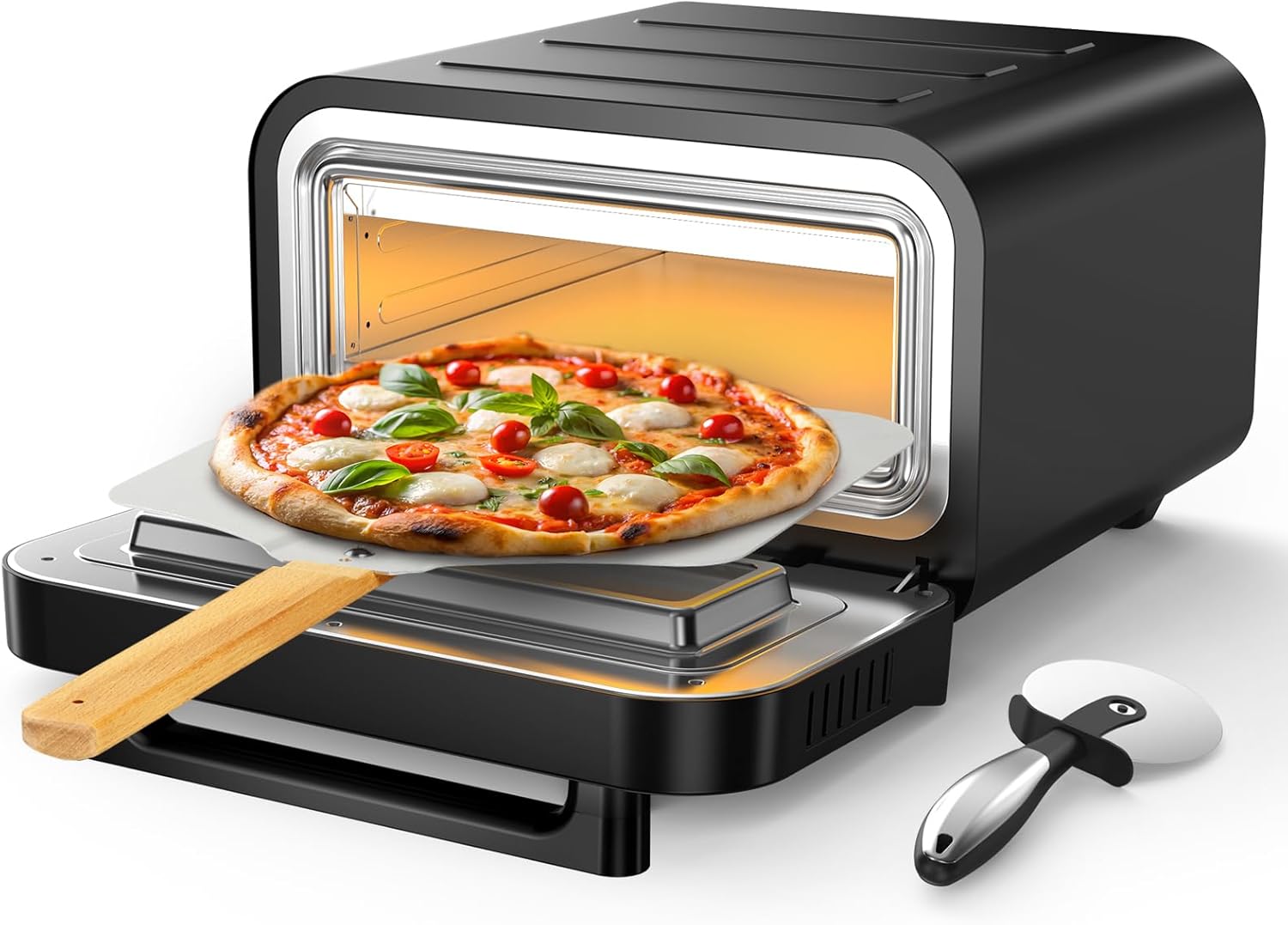 Elektrisk pizzaovn - 6 programmer, 1700W, maks. 450°C, egnet til 32 cm pizzaer - 5-i-1 multi-funktion: pizza, grillning, holde varmen, bagning og madlavning - inklusive pizzasten og pizzaskovl