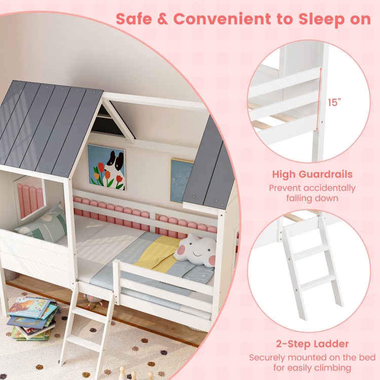 Twin Size Kids House Bed Low Loft Bed Frame with Roof