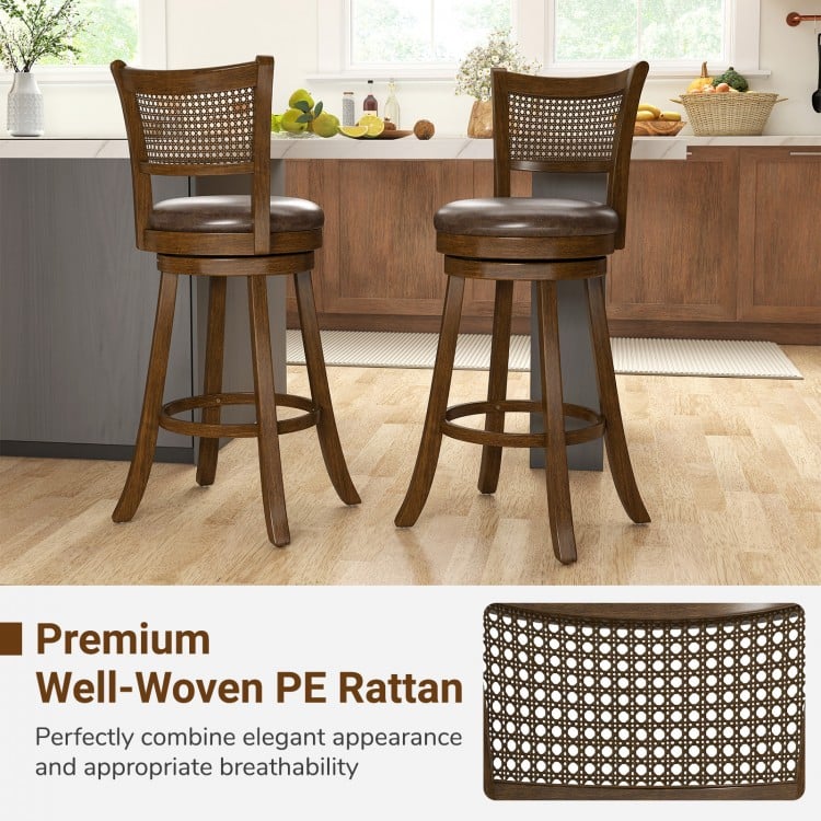 29 Inches Swivel Counter Height Barstool Set of 2 with Rattan Backrest and Footrest