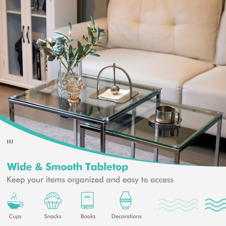 2 Pieces Modern Nesting Coffee Table with Tempered Glass Top and Steel Frame