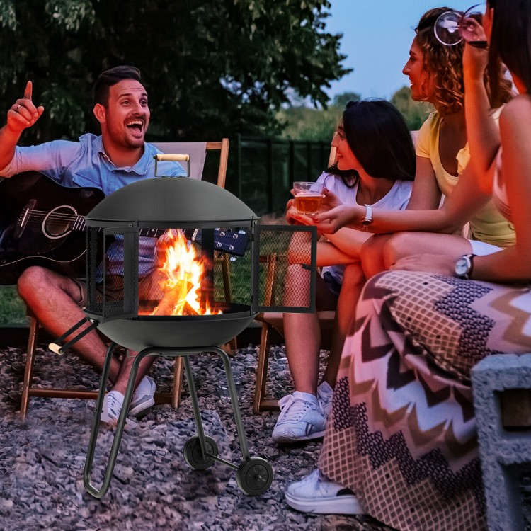 28 Inch Portable Fire Pit on Wheels with Log Grate