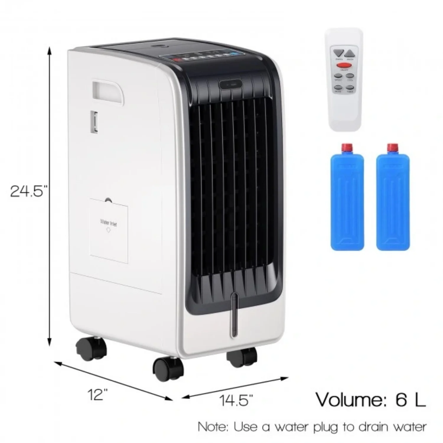Portable Air Cooler Fan, 3-Speed, 8H Timer, 6L Tank, Remote Control, White