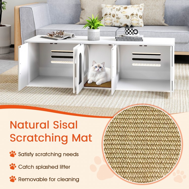Cat Litter Box Enclosure for 2 Cats with Double Rooms and Sisal Scratching Mat