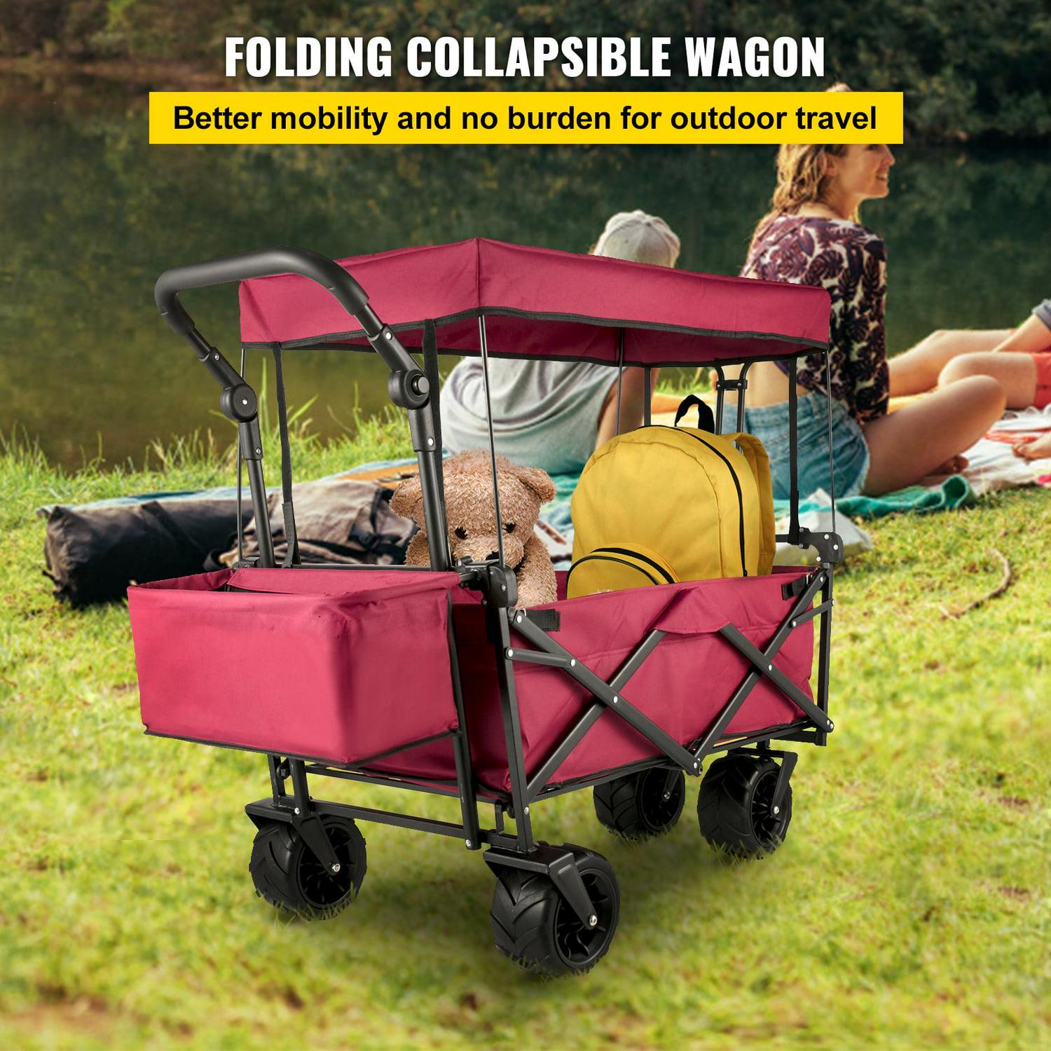 VEVORbrand Red Collapsible Wagon Cart with Canopy, 360° Wheels, Adjustable Handles, 220 lbs Capacity for Beach & Garden
