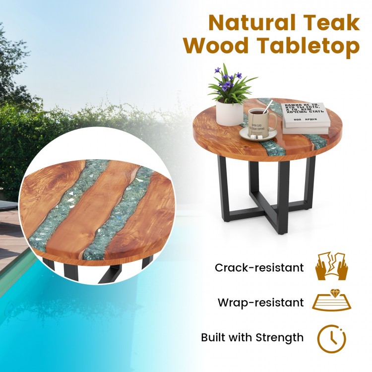 24 Inch Outdoor Solid Live Edge Round Teak Wood End Table with Epoxy Resin Tabletop