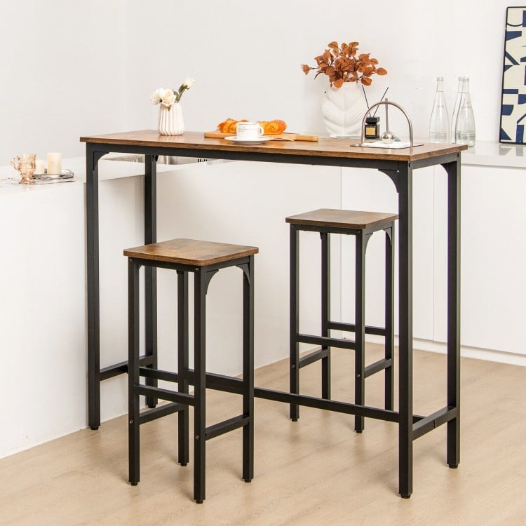 3 Pieces Industrial Bar Table and Chairs Set with Metal Frame