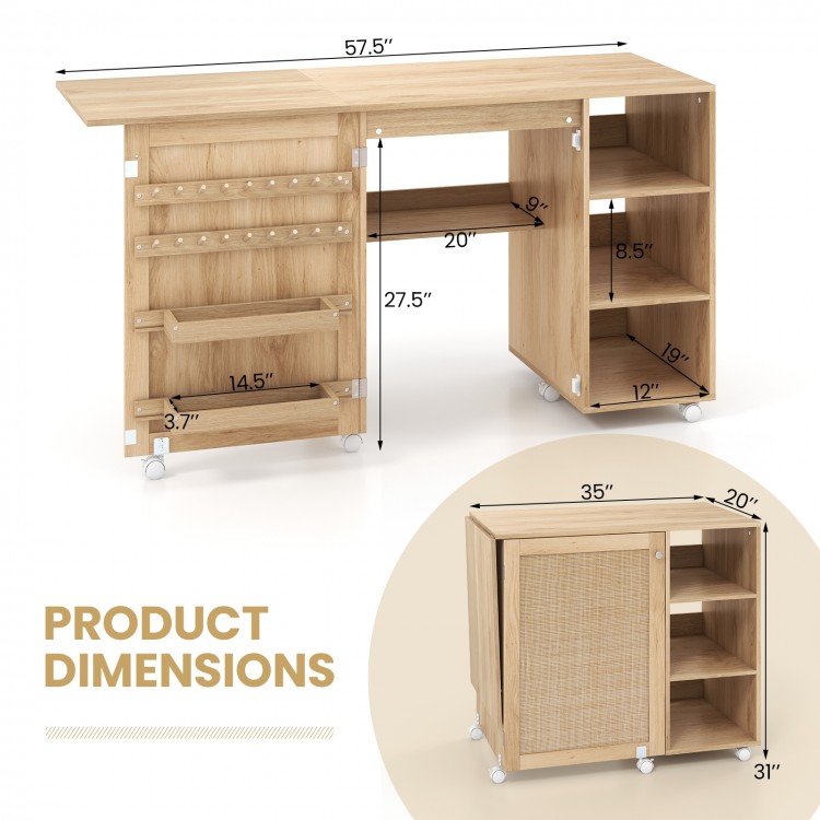 Multipurpose Folding Sewing Table Craft Station with Rattan Door