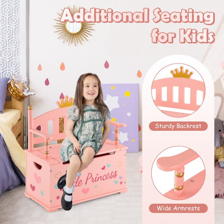 2-In-1 Kids Princess Wooden Toy Box with Safe Hinged Lid