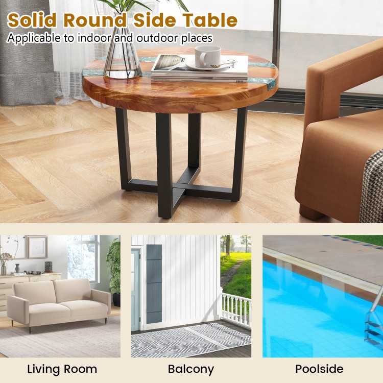 24 Inch Outdoor Solid Live Edge Round Teak Wood End Table with Epoxy Resin Tabletop