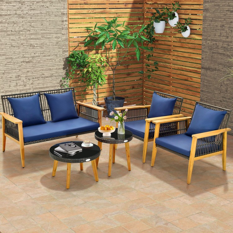 5 Piece Outdoor Conversation Set with 2 Coffee Tables for Backyard Poolside