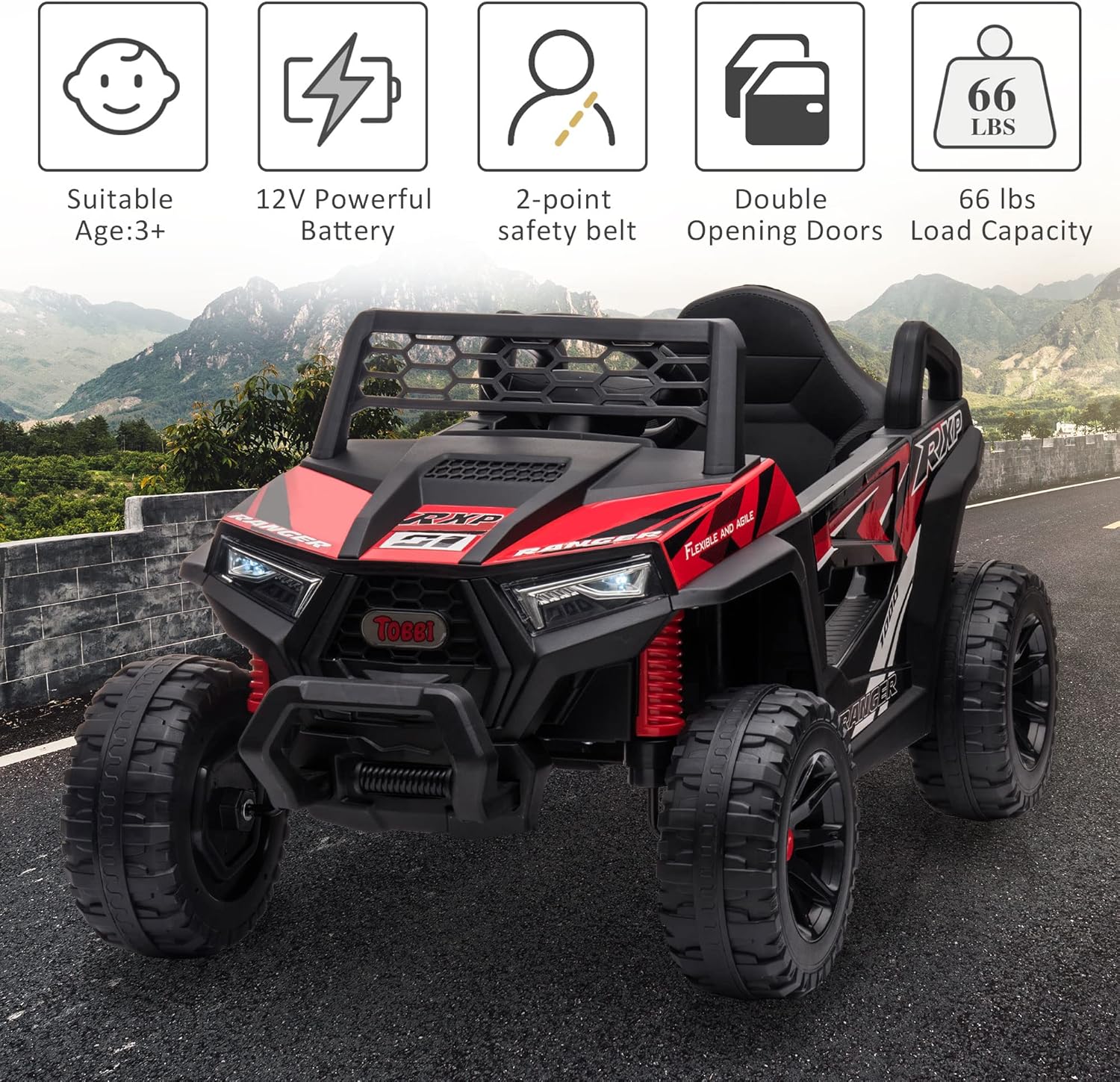 TOBBI 12V Kids Ride on Car, Electric Off-Road UTV Truck with Diverse Functions, Double Open Doors, Safety Belt, Horn, Music, and Lights for Kids Aged 3-5 Years (Rose Red)