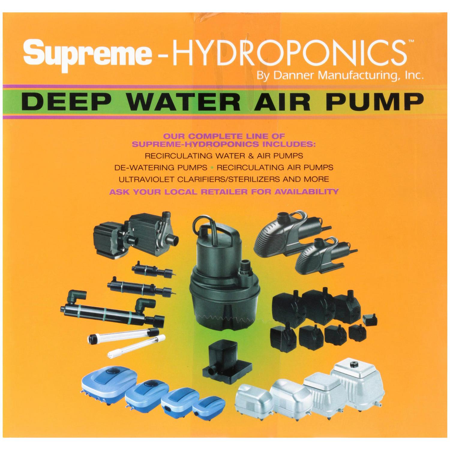 Danner Supreme-Hydroponics AP-60 Deep Water Air Pump, Energy-Efficient, Quiet Operation, Includes Air Diffuser