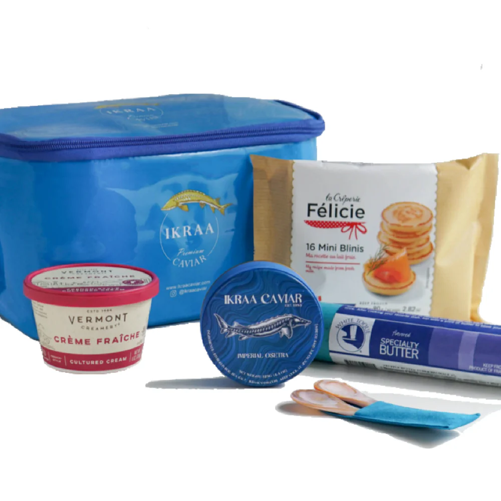 IKRAA Caviar Picnic Pack for Four – 8oz with Blinis, Truffle Butter, Crème Fraîche & Pearl Spoons