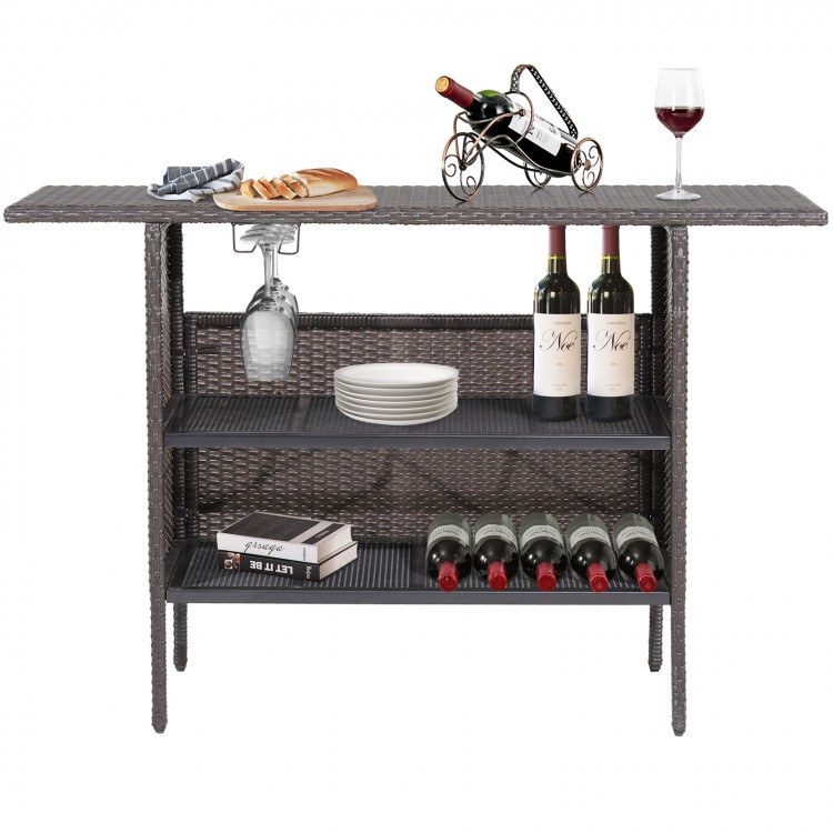 Outdoor Wicker Bar Table with 2 Metal Mesh Shelves
