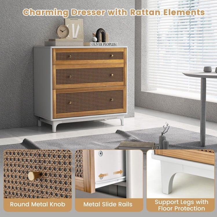 3-Drawer Rattan Dresser Chest with Anti-toppling Device