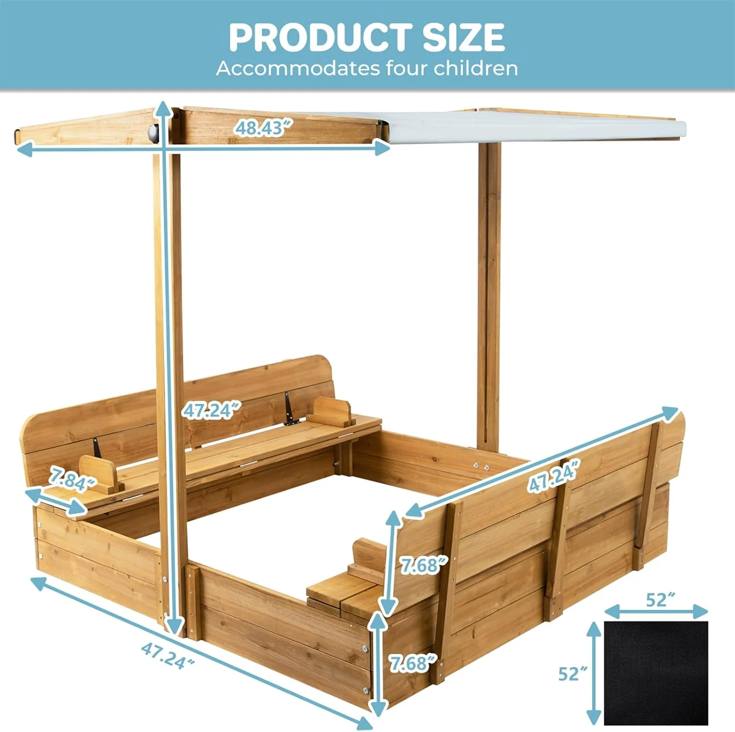Kids Sandbox with Lid, Wooden Sand Box with Cover Outdoor, UV-Protection & Natural Wood, Foldable Bench Seat, Adjustable Canopy, Sand Box for Kids Ages 2-8（47x47in）