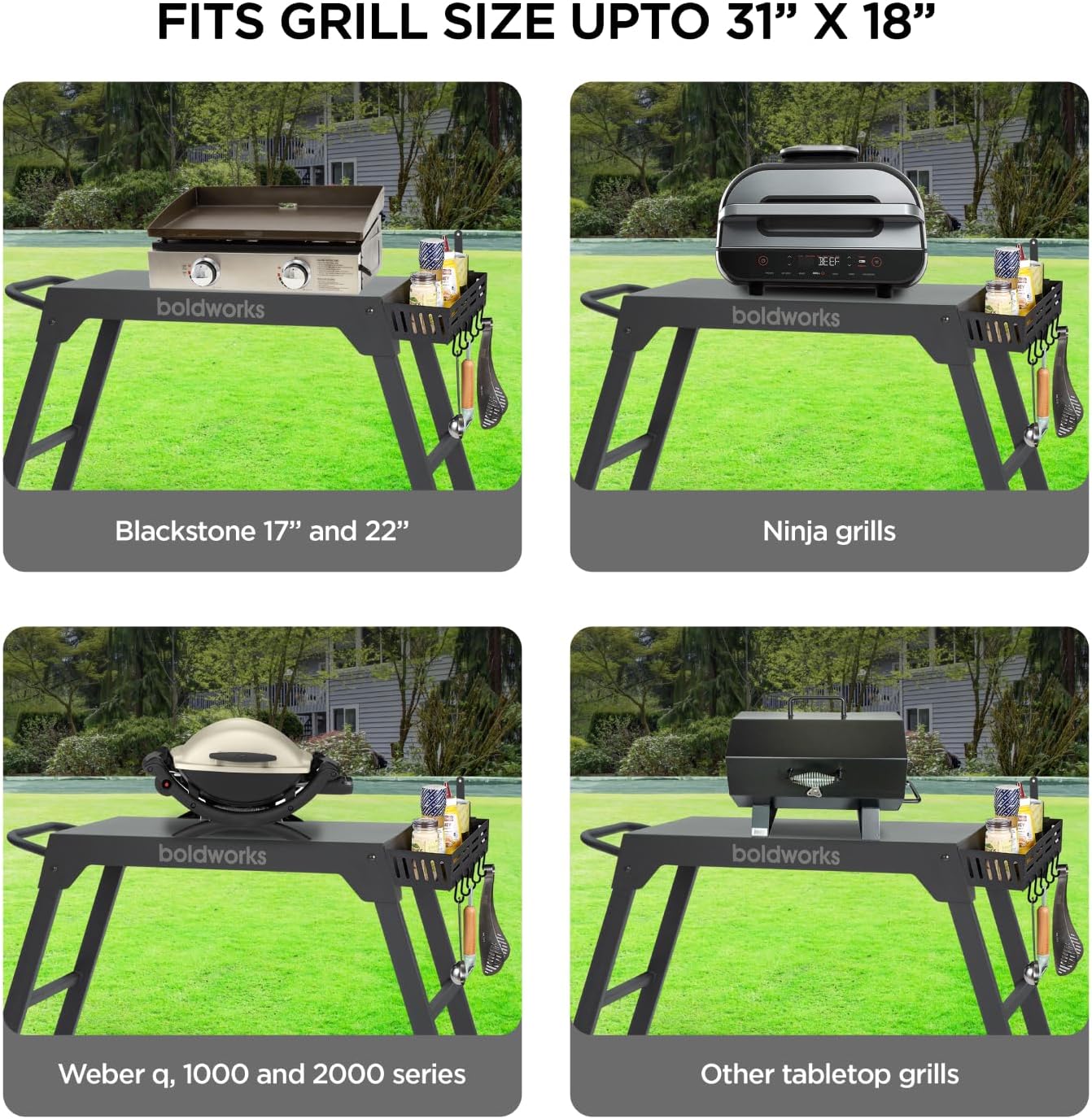 Universal Portable Grill Table for Blackstone & Ninja Grills with Wheels, Spice Rack, Bottle Opener, & Towel Holder – Black, 31′′x18′′ Rust-Proof Steel