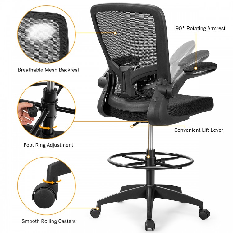 Height Adjustable Drafting Chair with Flip Up Arms for Home Office