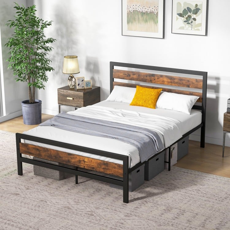 Full/Queen Industrial Bed Frame with Rustic Headboard and Footboard
