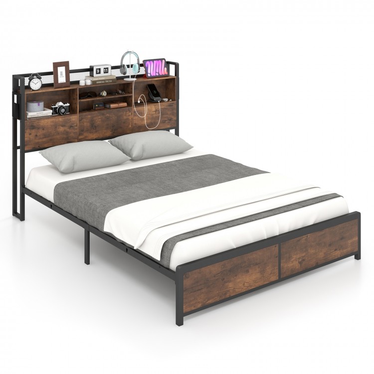 Full/Queen Size Bed Frame with 3-Tier Bookcase Headboard and Charging Station