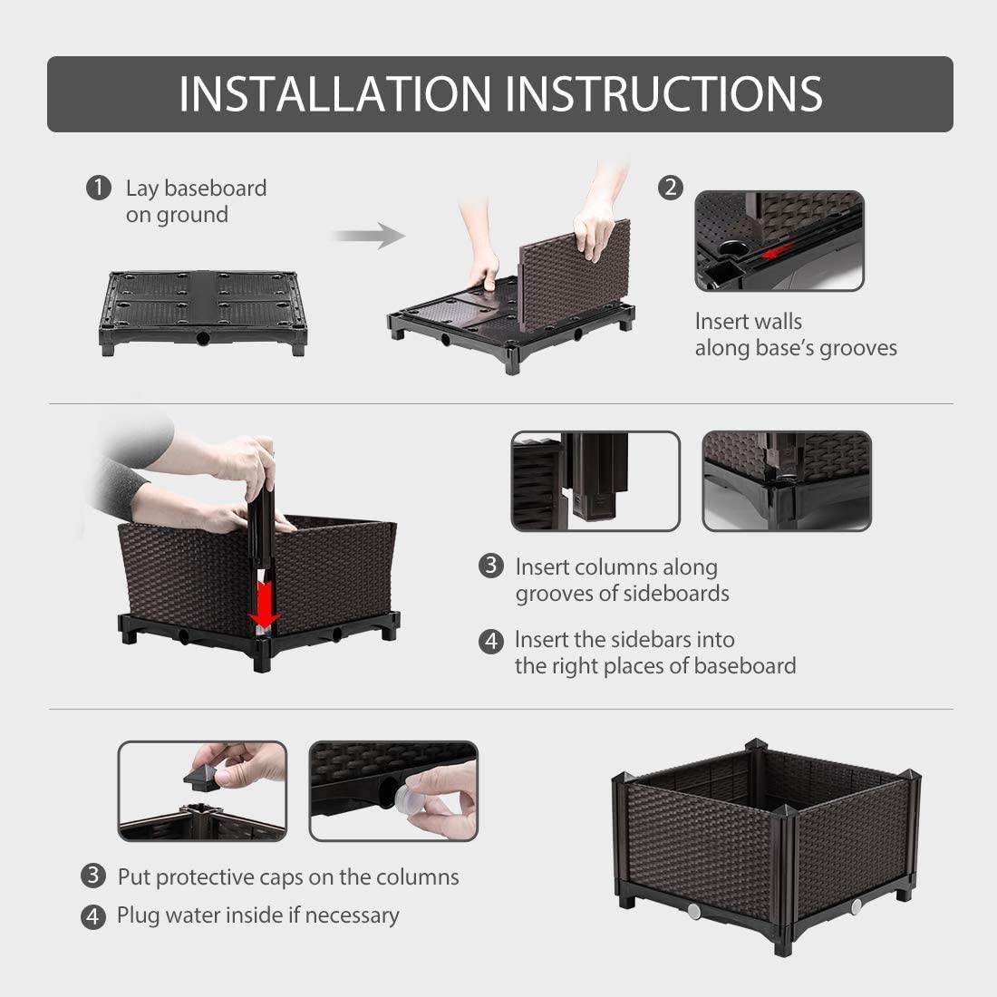 Premium Raised Garden Bed Planter Kit by Elevated – Set of 4, Self-Watering, Reinforced PP, Rattan Pattern, 19.5′′x19.5′′, Brown