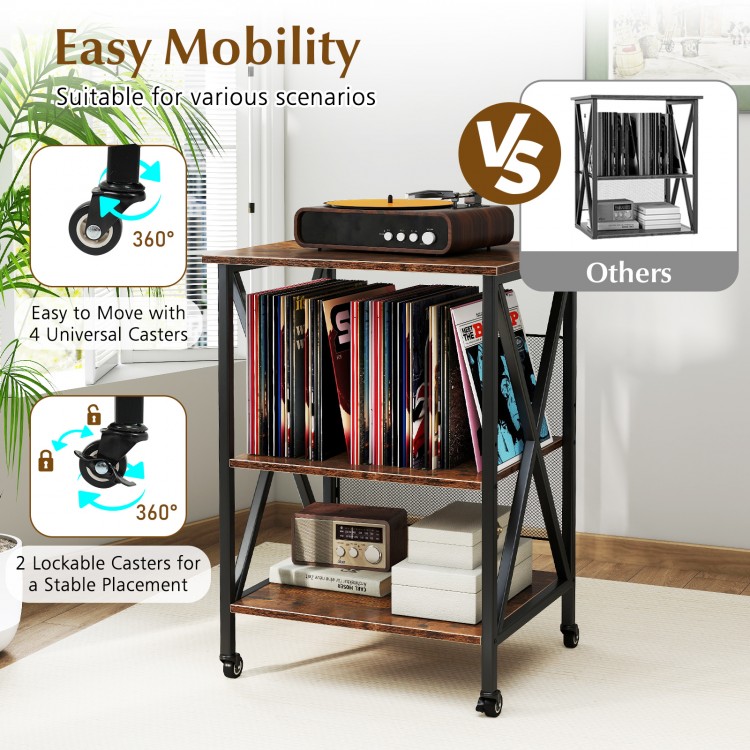 3-Tier Record Player Stand with Charging Station and Adjustable Shelf