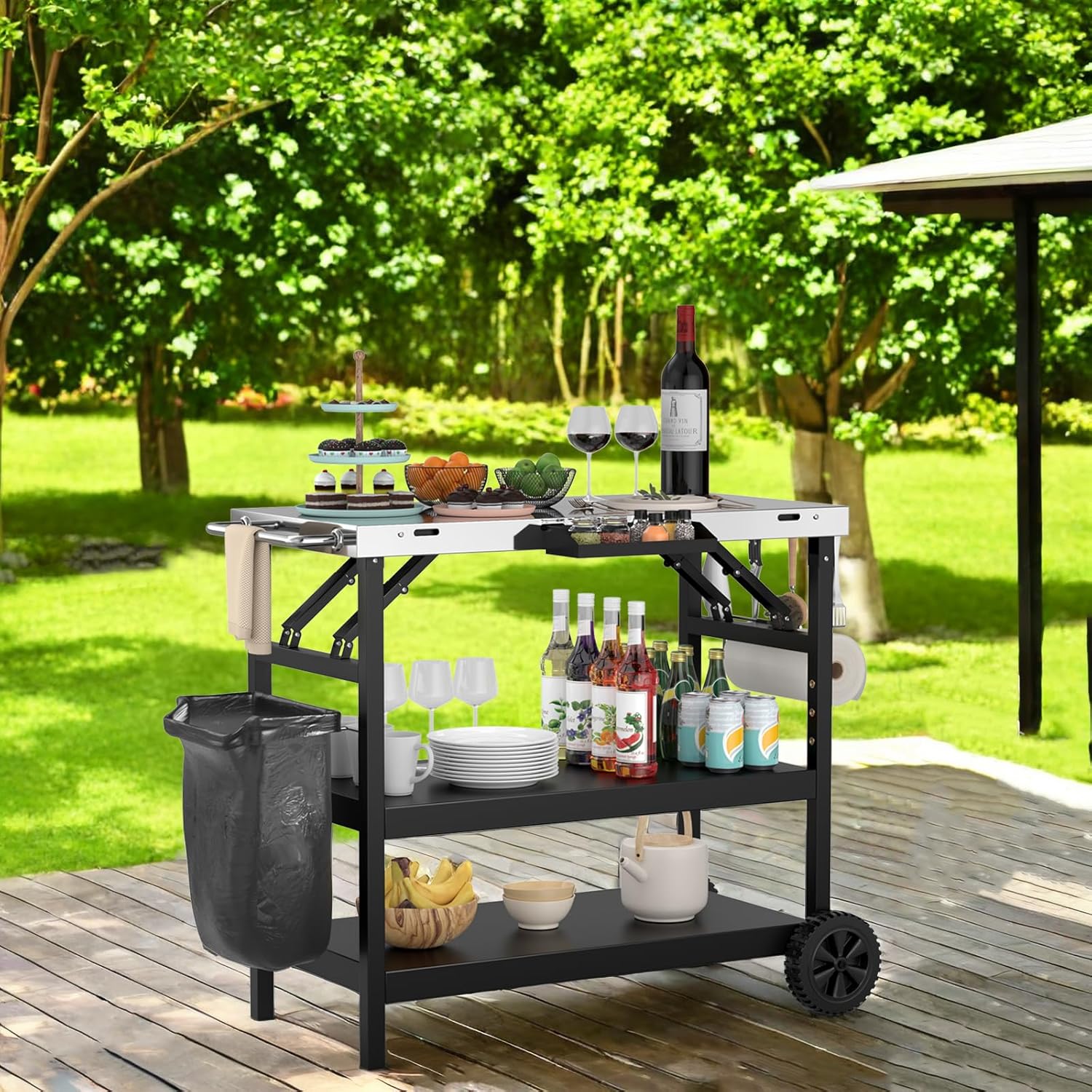 Outdoor Grill Cart Table with Stainless Steel Top, Adjustable Shelves, Spice Rack & Hanging Hooks