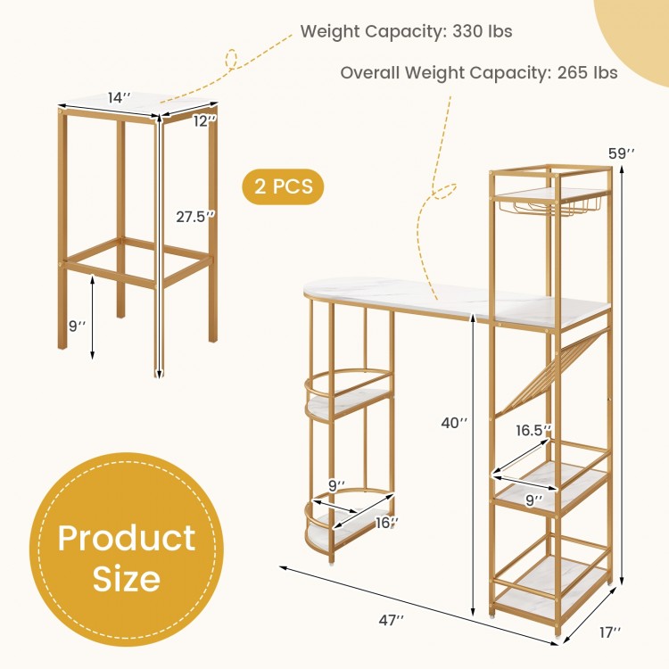 3 Pieces Bar Table Set with Storage Shelves and Wine Rack