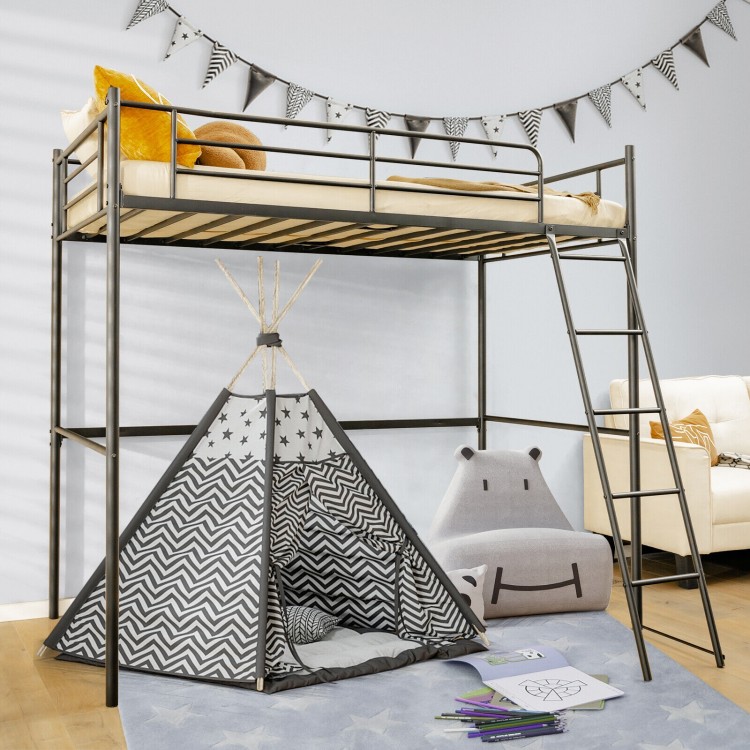 Twin Metal Loft Bed with Ladderand High Guard Rails