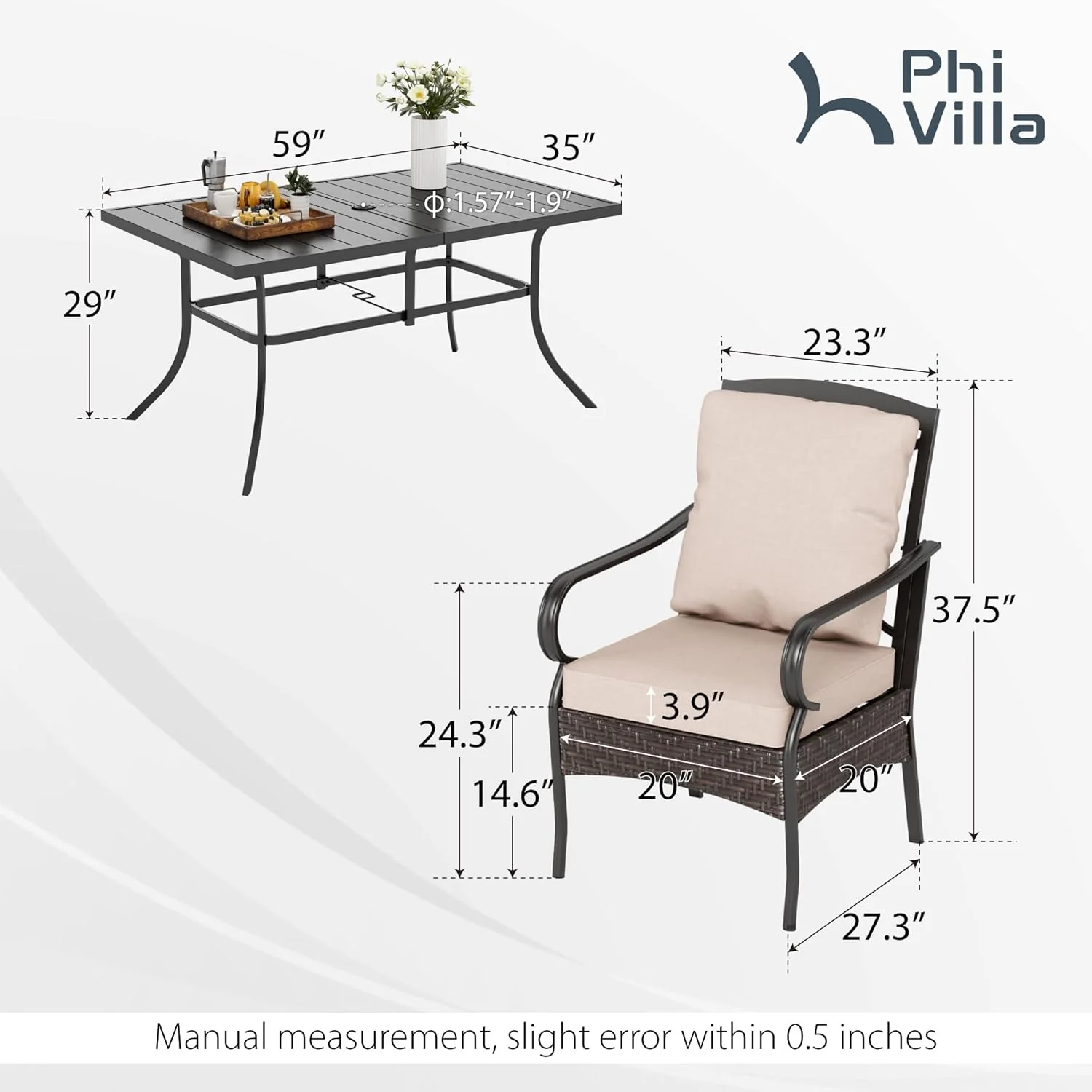 PHI VILLA 6-Piece Outdoor Dining Sets, All-Weather Patio Table and Chairs Set with Umbrella for 4, Heavy Duty Patio Round Table Set for Deck, 4 Extra Large Outdoor Swivel Chairs with Thick Cushions