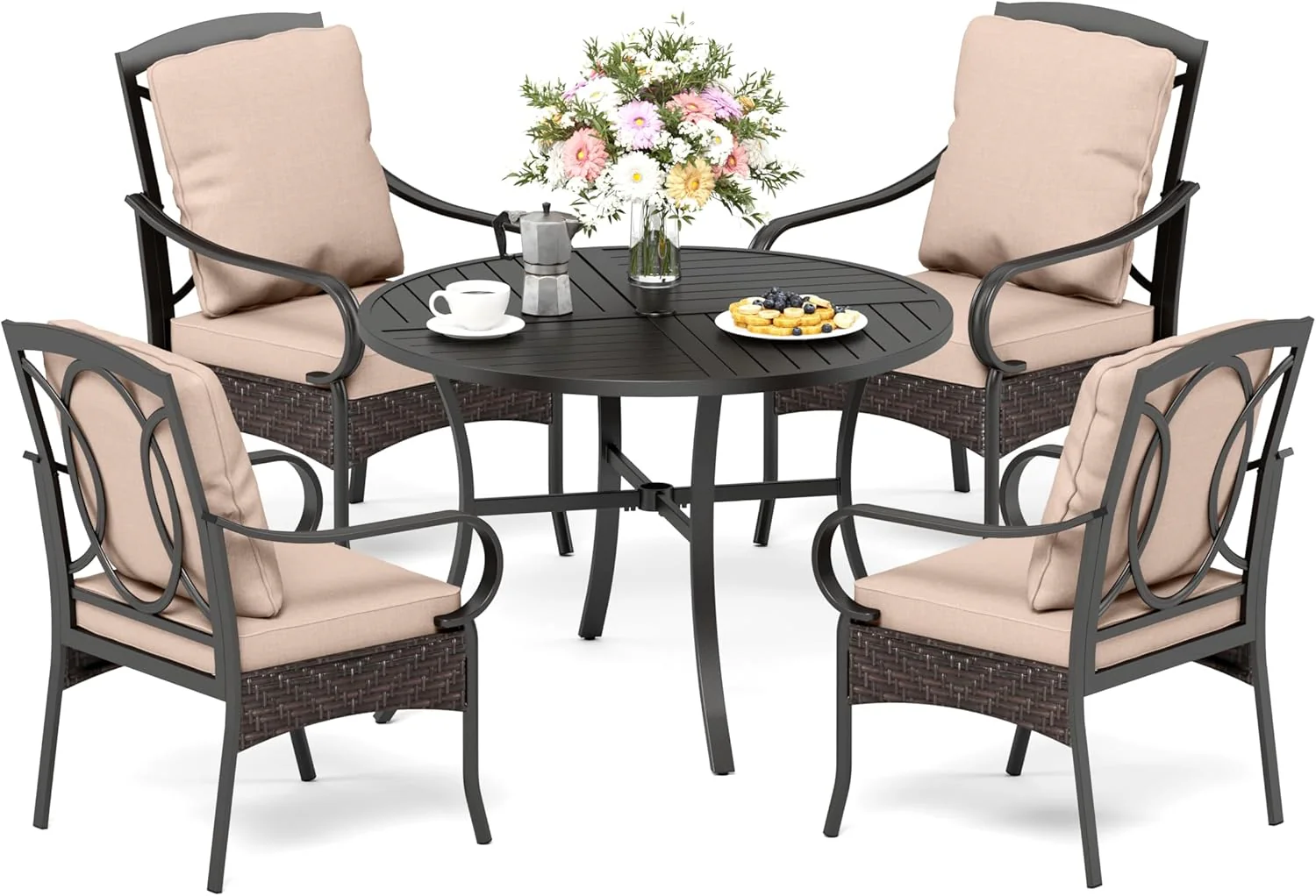 PHI VILLA 6-Piece Outdoor Dining Sets, All-Weather Patio Table and Chairs Set with Umbrella for 4, Heavy Duty Patio Round Table Set for Deck, 4 Extra Large Outdoor Swivel Chairs with Thick Cushions