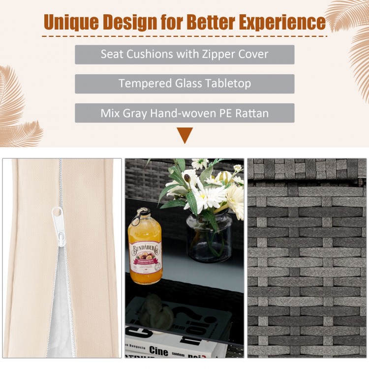 4 Pieces Patio Rattan Sofa Furniture Set with Cushion and 2-Tier Coffee Table