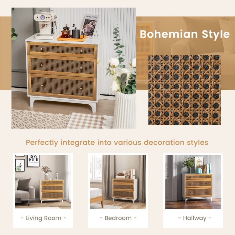 3-Drawer Rattan Dresser Chest with Anti-toppling Device