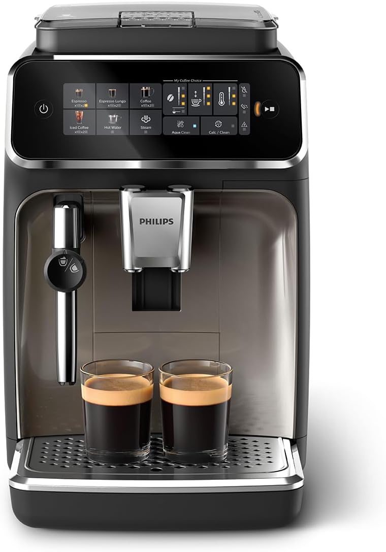 Philips 3300 serie fuldautomatisk kaffemaskine - 5 drikkevarer, intuitiv touch-skærm, klassisk mælkeskummer, SilentBrew, 100% keramisk kværn, AquaClean filter. Sort krom (EP3326/90)