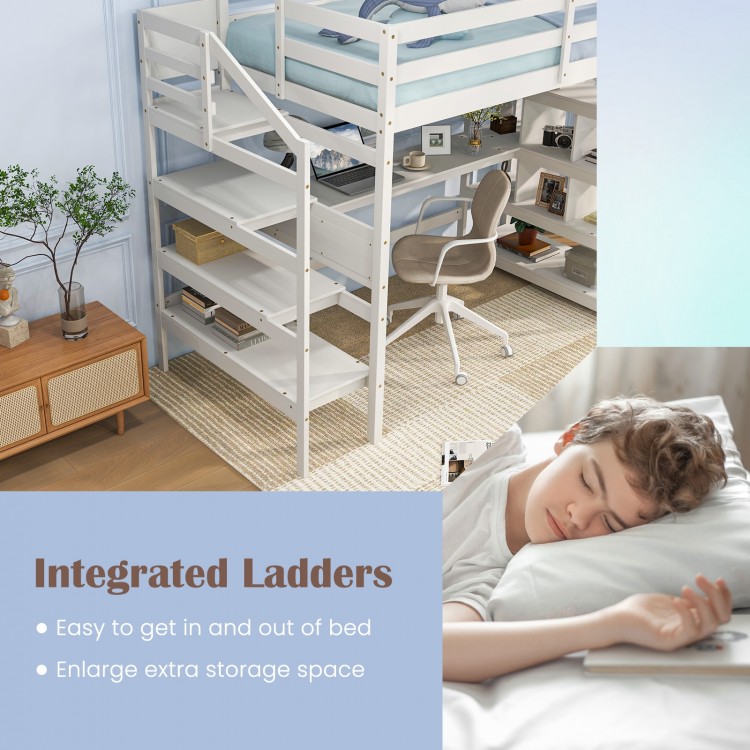 Twin Size Loft Bed with Desk and Storage Stairs Loft Bed Frame with Shelves and Safety Guardrails