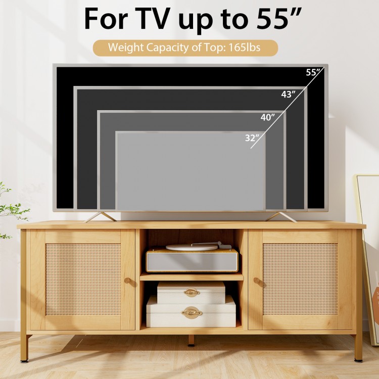 Boho TV Stand for TV up to 55 Inches with Faux Rattan Door