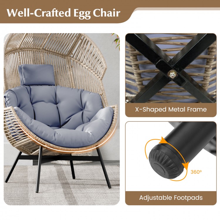 Wicker Oversized Egg Style Chair with Cushions and Headrest