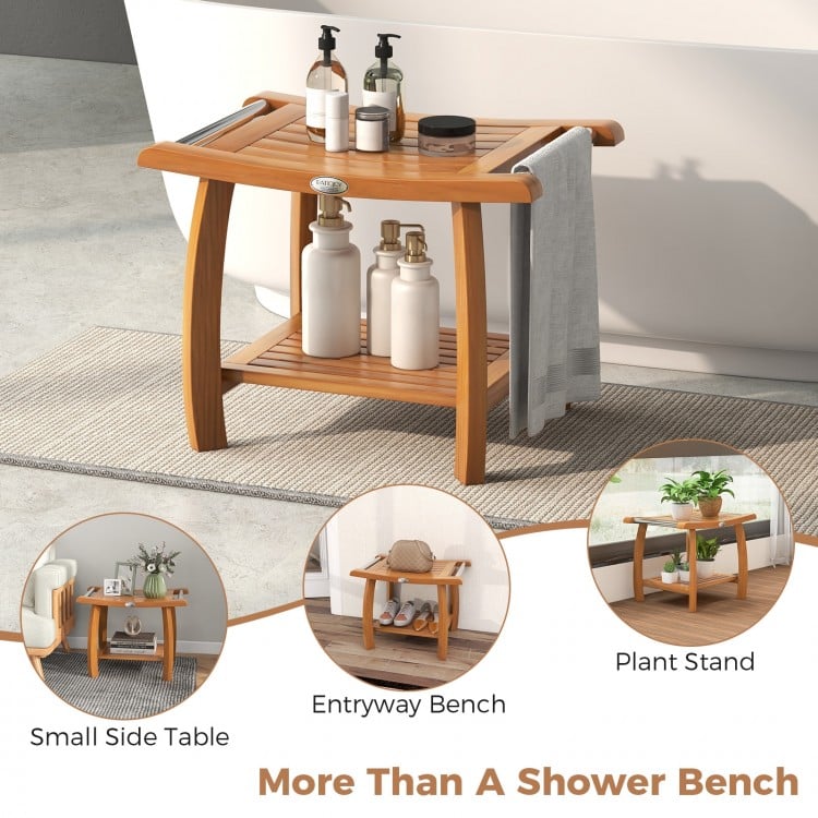 2-Tier Teak Wood Shower Bench Shower Stool with Curved Seat