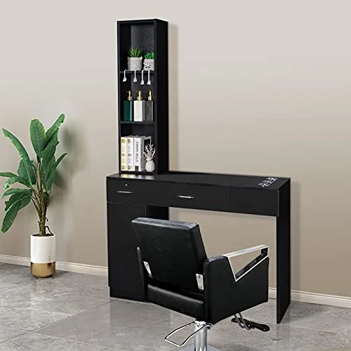 OmySalon Barber Station Black – Wall Mount Hair Styling Unit with Storage, 2 Drawers, 1 Cabinet, 3 Shelves