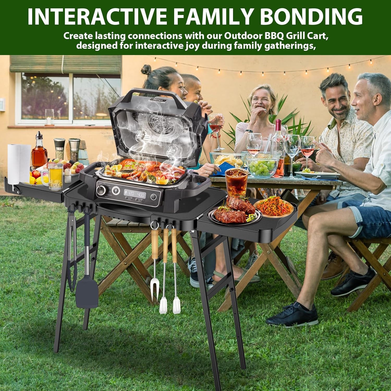 BBQMall Outdoor Grill/Griddle Cart – Portable Folding Stand with Adjustable Legs, 2-Wheel Design, High-Quality Steel Frame, Black