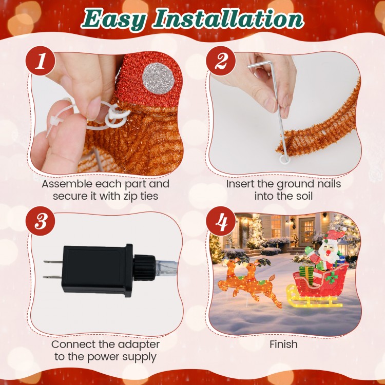 Lighted Christmas Santa on Sleigh with Reindeer and LED Lights